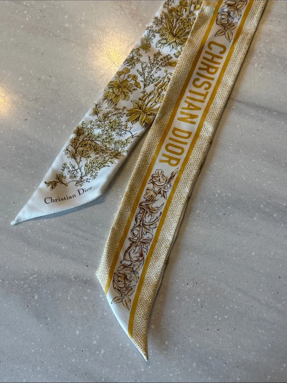 Authentic Dior Gold & White Logo Floral Silk Mitzah Scarf